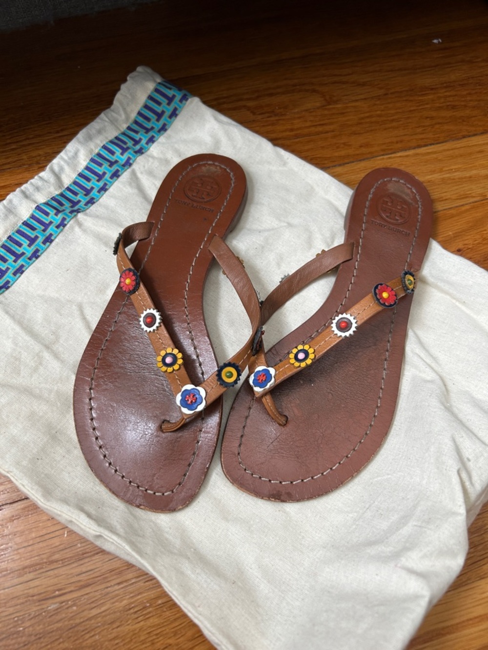 Tory Burch Brown Leather Floral Women's Flip Flop Sandals